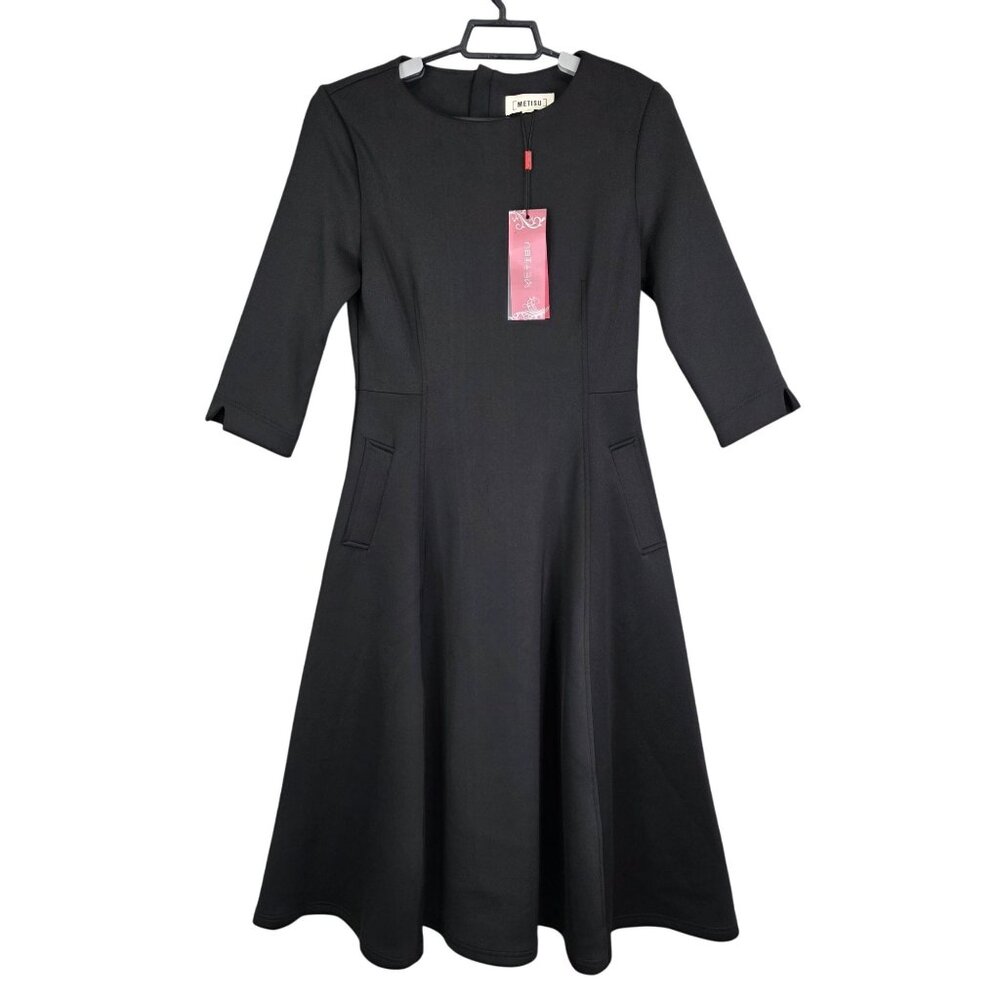 Womens Metisu Black Midi Dress 3/4 Sleeves Back Zipper Polyester Blend Stretch M